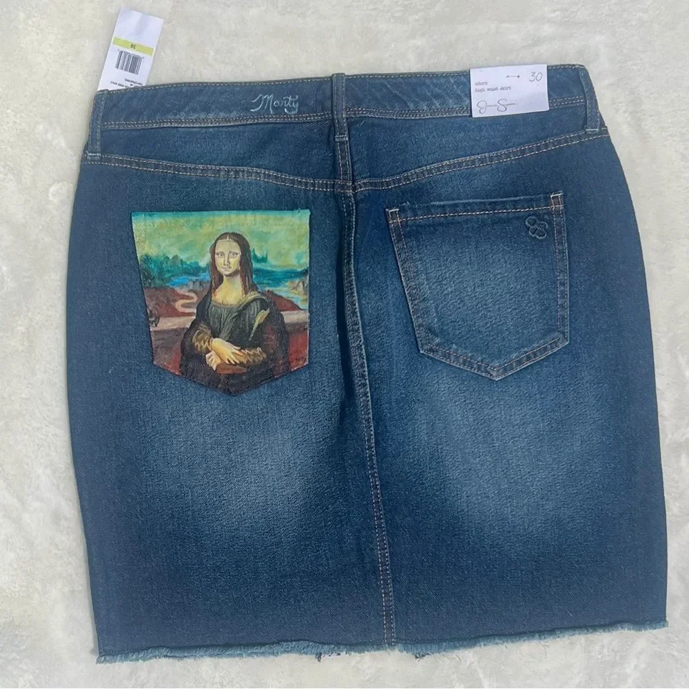 NWT Hand-painted Jessica Simpson Denim Skirt with Mona Lisa Pocket Size 30 - Picture 5 of 6